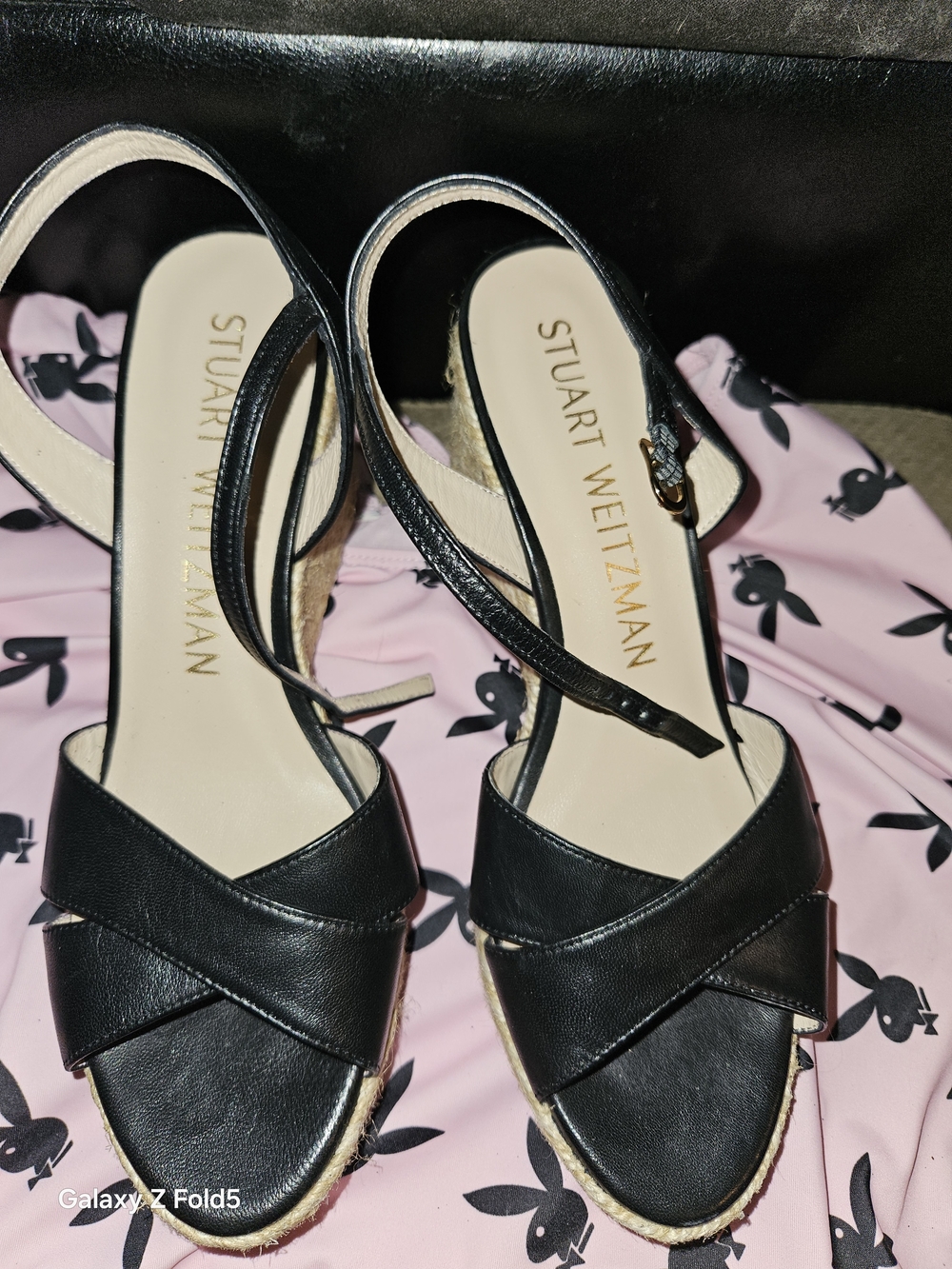 Stuart Weitzman Black Leather Crisscross Espadrille Wedges